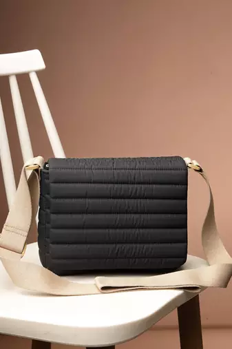   navy blue polyester striped quilted sling bag