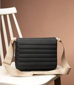   navy blue polyester striped quilted sling bag