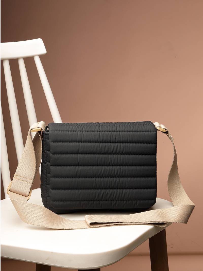   navy blue polyester striped quilted sling bag