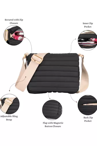   navy blue polyester striped quilted sling bag