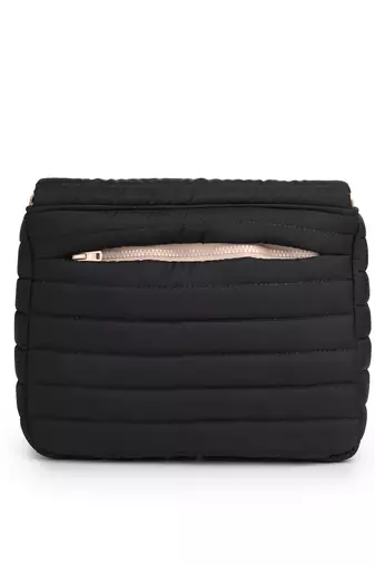   navy blue polyester striped quilted sling bag