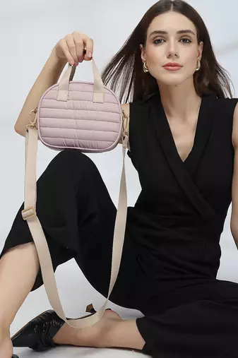   dusty pink polyester striped quilted mini bag