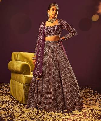 Wine 9mm Sequin and Zari Embroidered Faux Georgette Indian Wedding Lehenga Choli 1