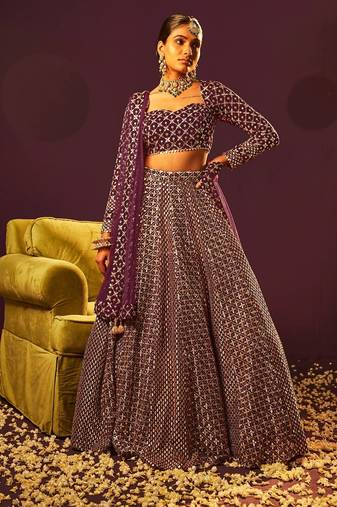 Wine 9mm Sequin and Zari Embroidered Faux Georgette Indian Wedding Lehenga Choli