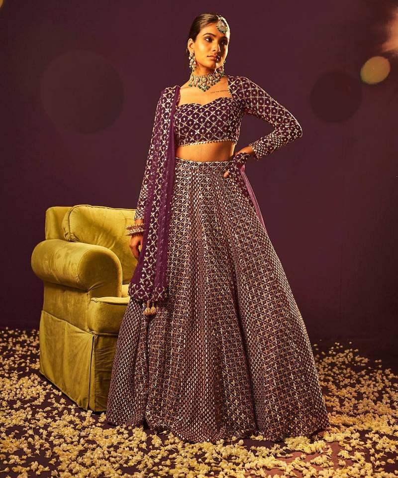 Wine 9mm Sequin and Zari Embroidered Faux Georgette Indian Wedding Lehenga Choli