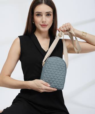   dusty blue polyester quilted sling bag 1