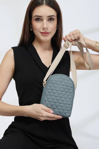   dusty blue polyester quilted sling bag