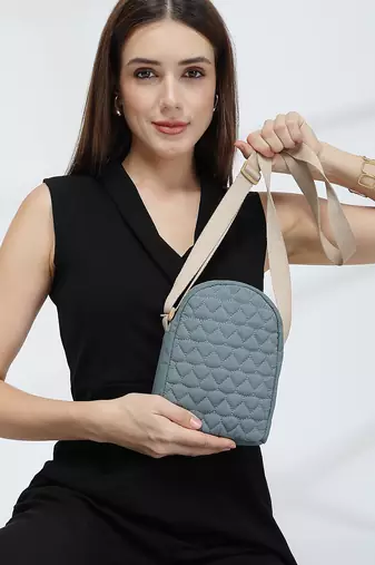   dusty blue polyester quilted sling bag