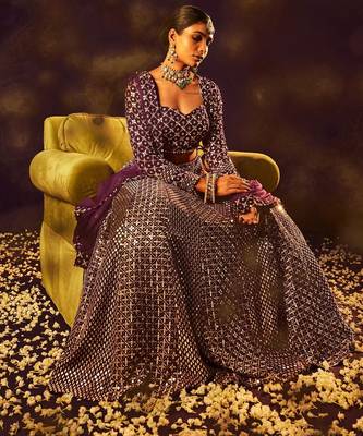 Wine 9mm Sequin and Zari Embroidered Faux Georgette Indian Wedding Lehenga Choli 2