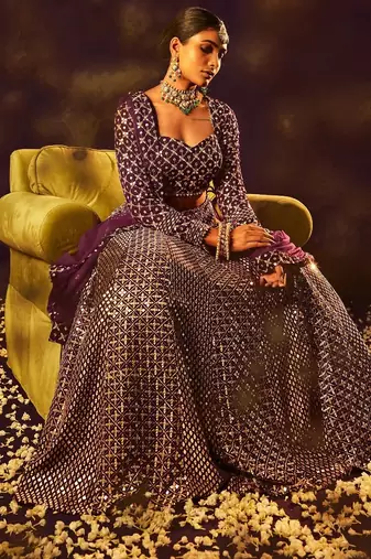 Wine 9mm Sequin and Zari Embroidered Faux Georgette Indian Wedding Lehenga Choli