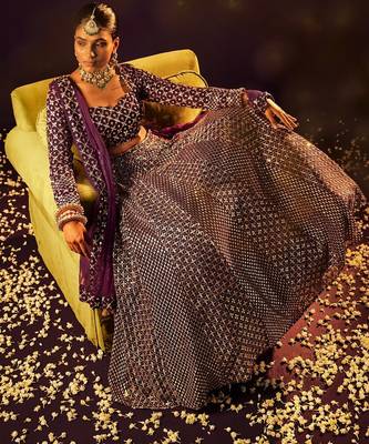 Wine 9mm Sequin and Zari Embroidered Faux Georgette Indian Wedding Lehenga Choli 3