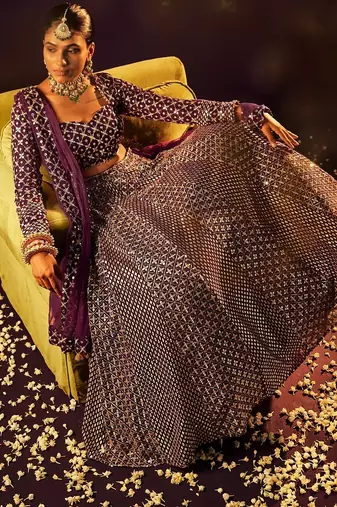 Wine 9mm Sequin and Zari Embroidered Faux Georgette Indian Wedding Lehenga Choli