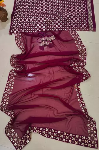 Wine 9mm Sequin and Zari Embroidered Faux Georgette Indian Wedding Lehenga Choli