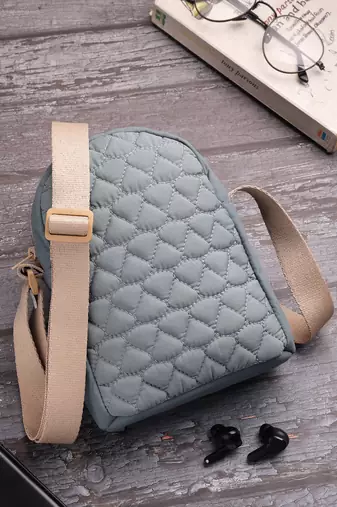   dusty blue polyester quilted sling bag