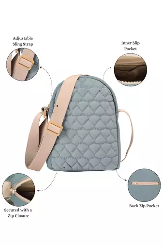   dusty blue polyester quilted sling bag