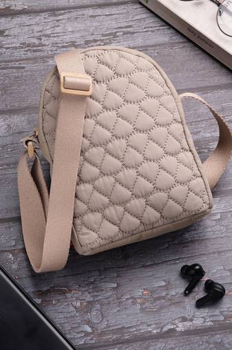   taupe polyester quilted sling bag