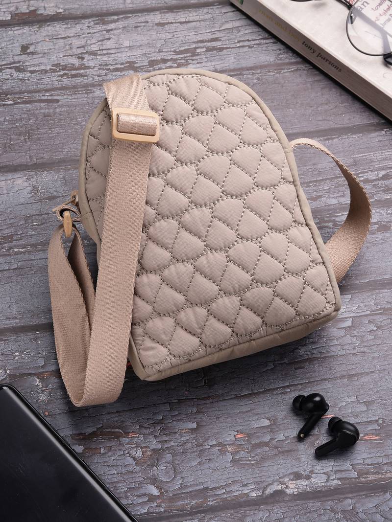   taupe polyester quilted sling bag