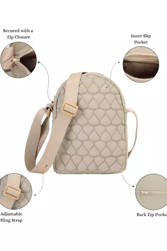   taupe polyester quilted sling bag