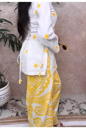 yellow embroidery cotton silk blend  full stitched farshi salwar