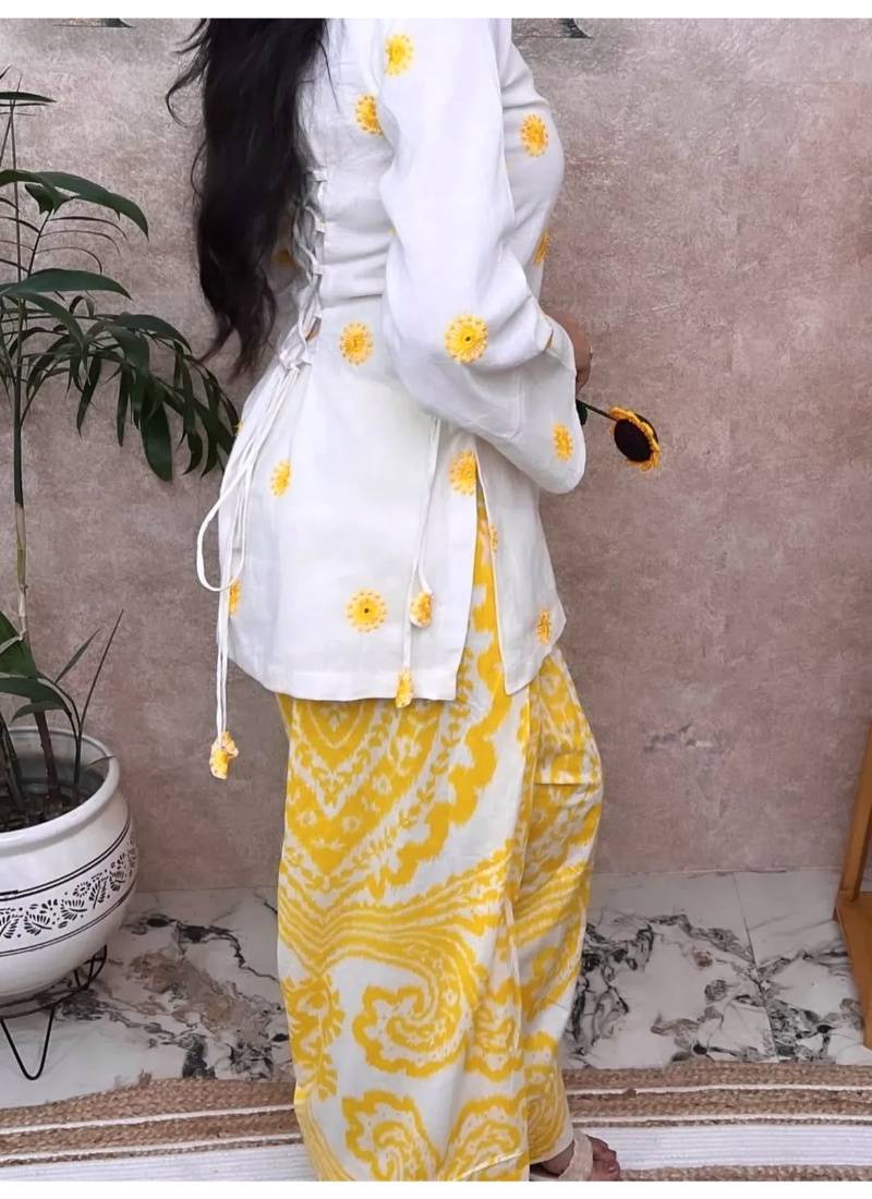yellow embroidery cotton silk blend  full stitched farshi salwar