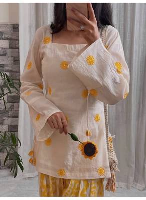 yellow embroidery cotton silk blend  full stitched farshi salwar 2
