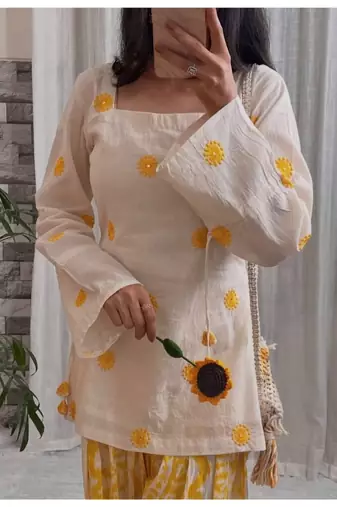 yellow embroidery cotton silk blend  full stitched farshi salwar