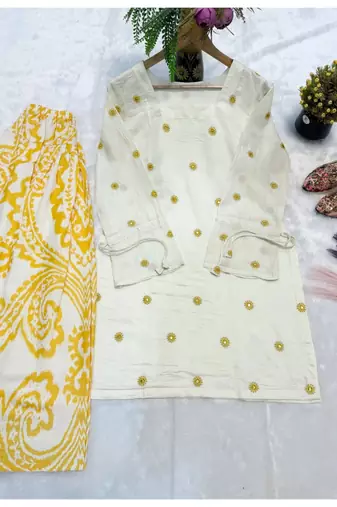 yellow embroidery cotton silk blend  full stitched farshi salwar