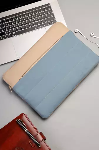   dusty blue polyester colour blocked laptop sleeve (upto 14")
