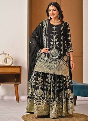 black embroidery vichitra silk blend  full stitched sharara plazo 1