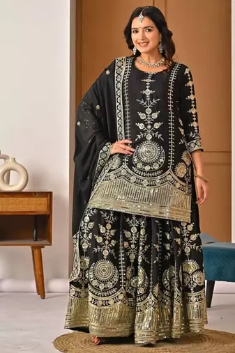 black embroidery vichitra silk blend  full stitched sharara plazo