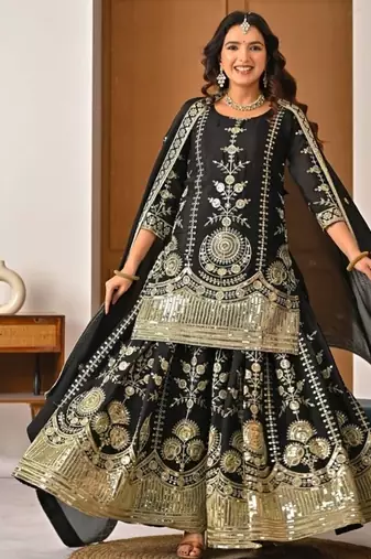 black embroidery vichitra silk blend  full stitched sharara plazo