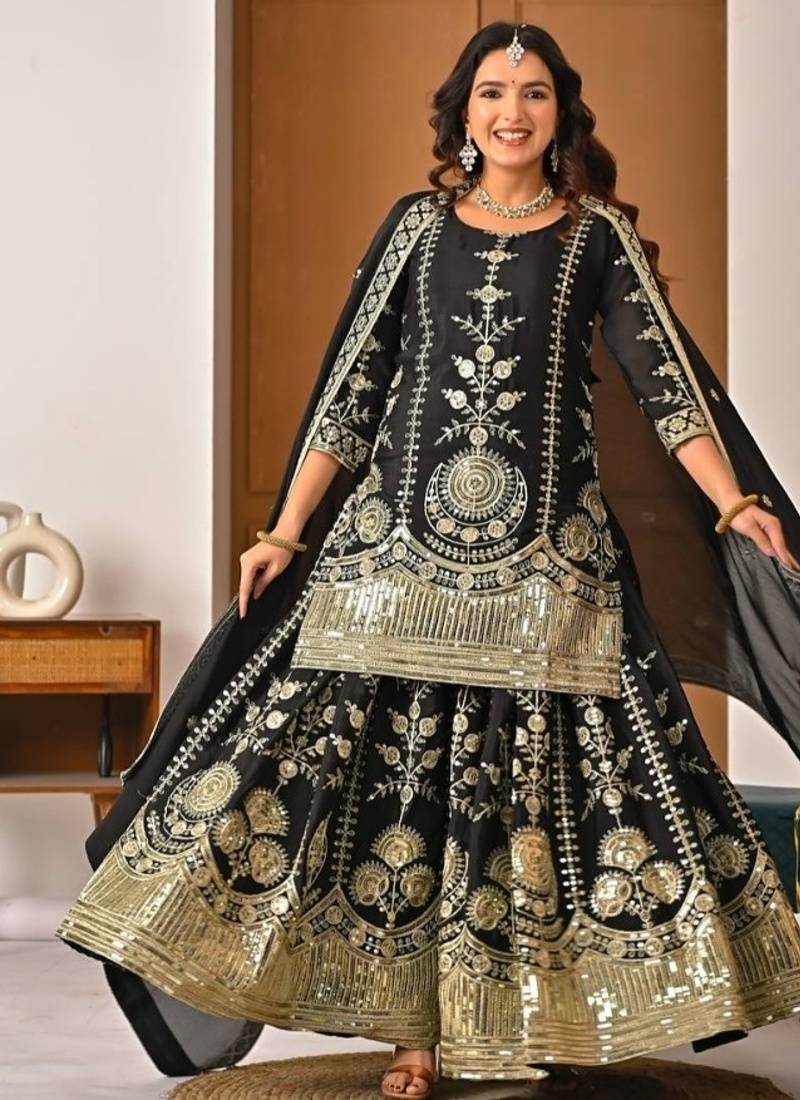 black embroidery vichitra silk blend  full stitched sharara plazo