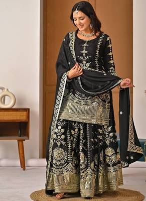 black embroidery vichitra silk blend  full stitched sharara plazo 3