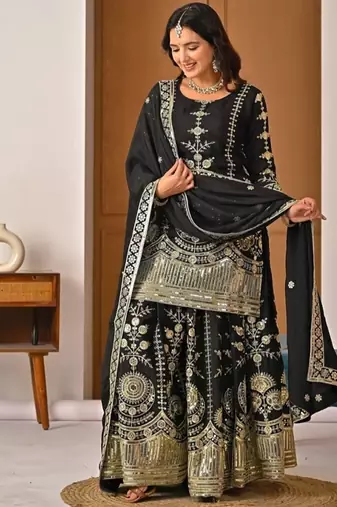 black embroidery vichitra silk blend  full stitched sharara plazo