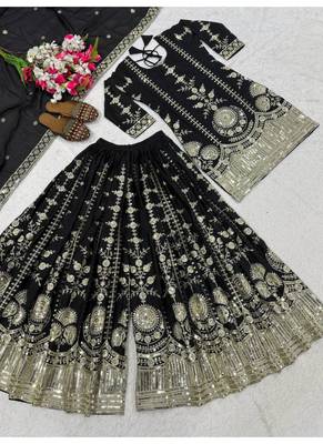 black embroidery vichitra silk blend  full stitched sharara plazo 4