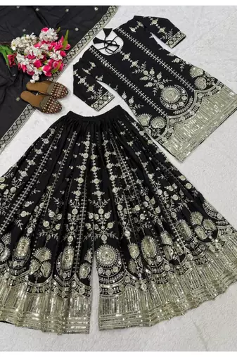 black embroidery vichitra silk blend  full stitched sharara plazo