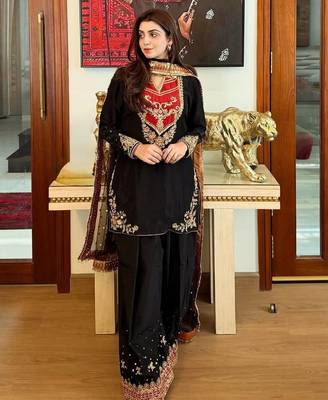 black color embroidery and sequin work cotton kurti palazzo set 1