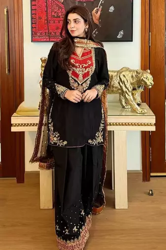 black color embroidery and sequin work cotton kurti palazzo set