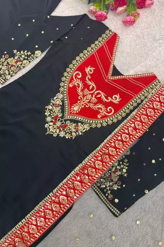 black color embroidery and sequin work cotton kurti palazzo set