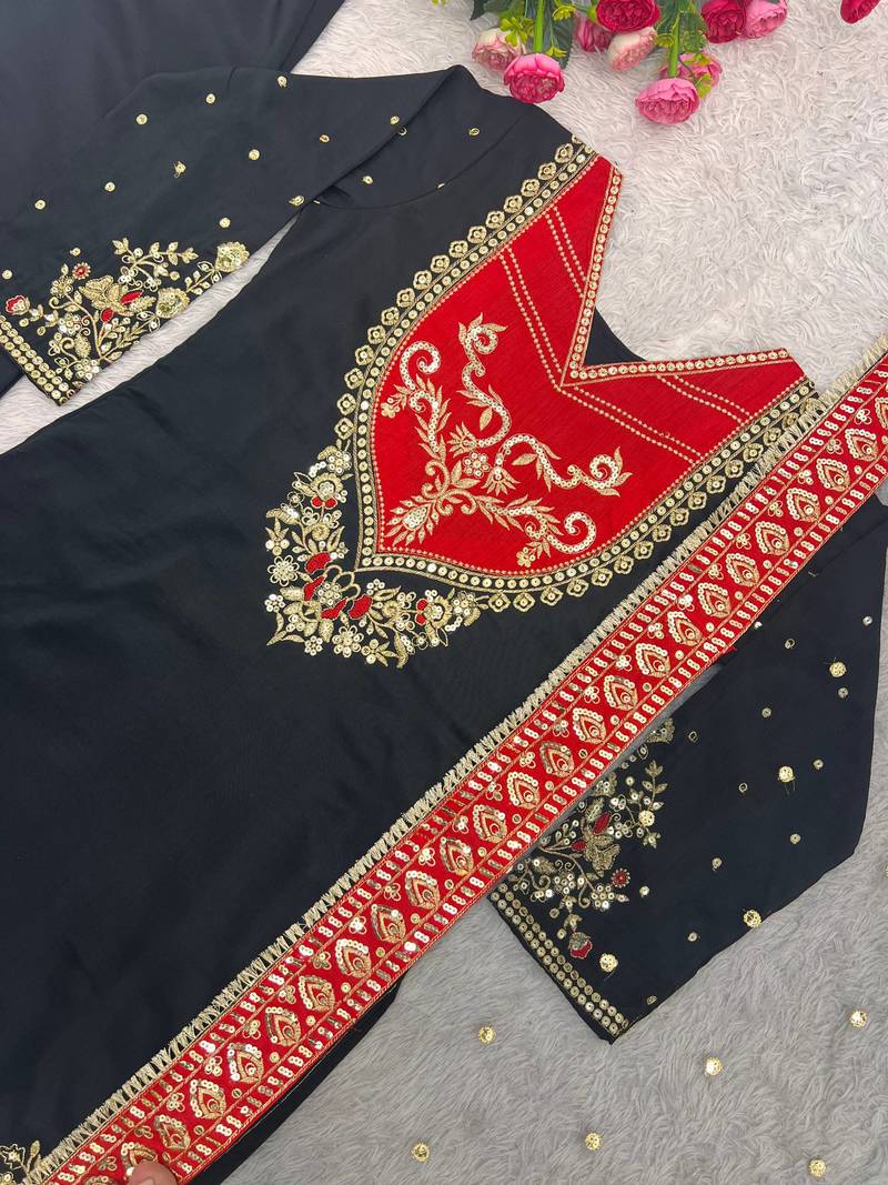 black color embroidery and sequin work cotton kurti palazzo set