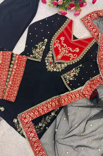 black color embroidery and sequin work cotton kurti palazzo set