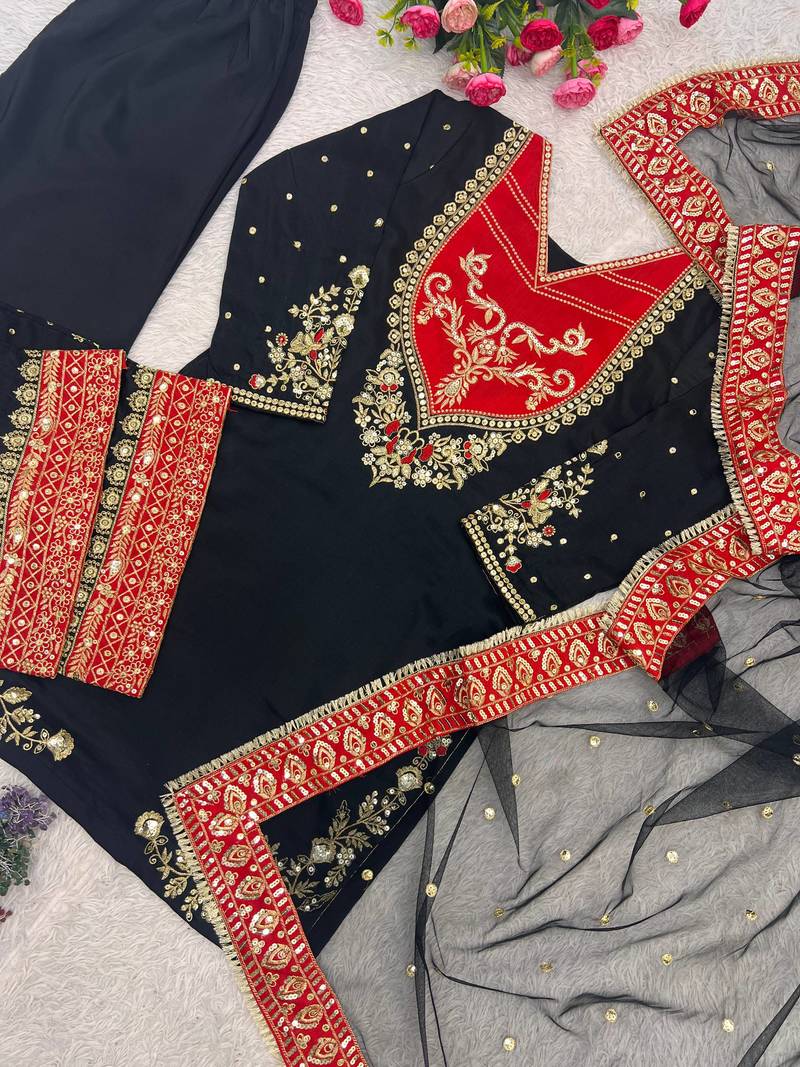 black color embroidery and sequin work cotton kurti palazzo set