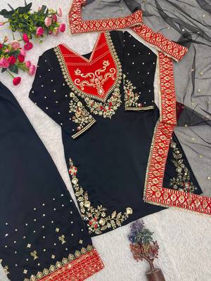 black color embroidery and sequin work cotton kurti palazzo set 4