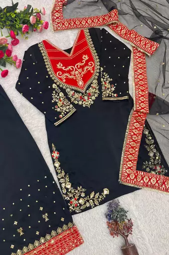 black color embroidery and sequin work cotton kurti palazzo set