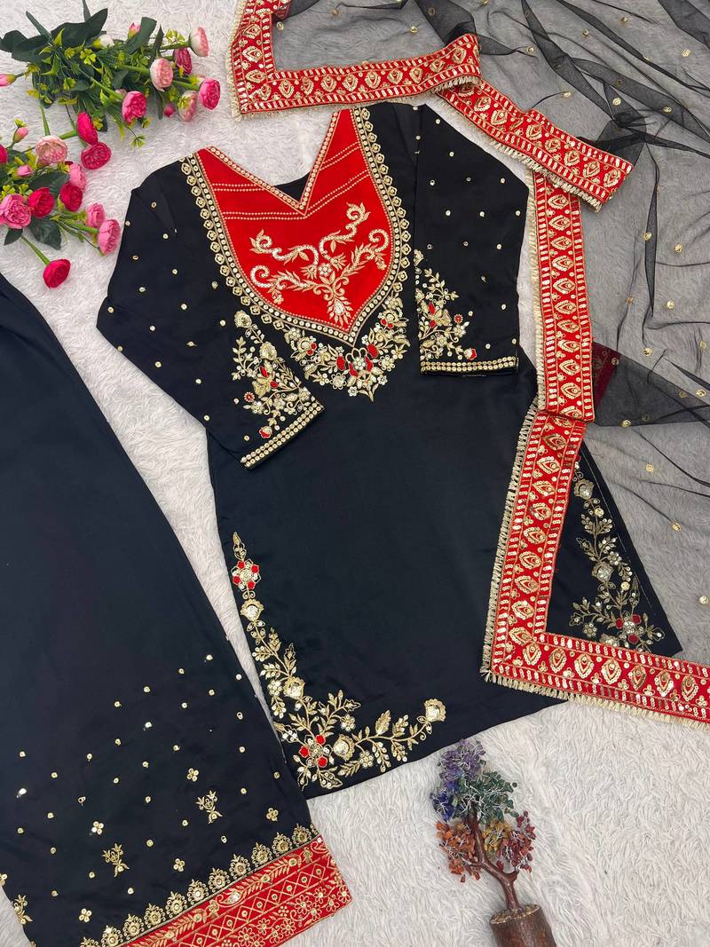 black color embroidery and sequin work cotton kurti palazzo set