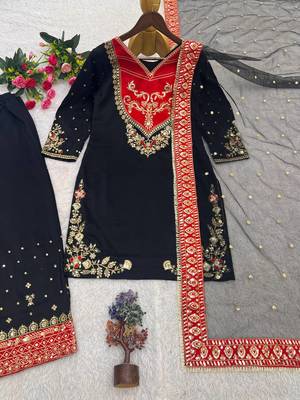 black color embroidery and sequin work cotton kurti palazzo set 5