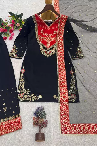 black color embroidery and sequin work cotton kurti palazzo set