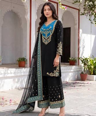 black color embroidery and sequin work cotton kurti palazzo set 1