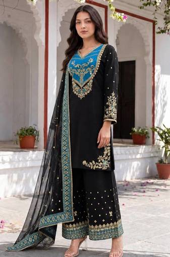 black color embroidery and sequin work cotton kurti palazzo set