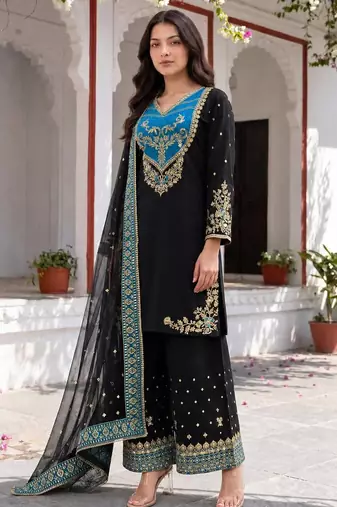 black color embroidery and sequin work cotton kurti palazzo set